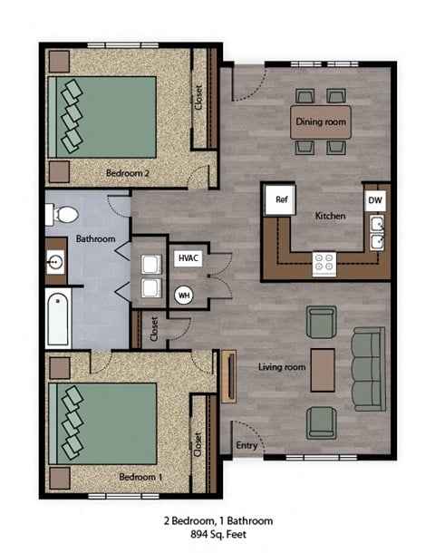 Floor plan for 2 beds, 1 bath, 894 sqft